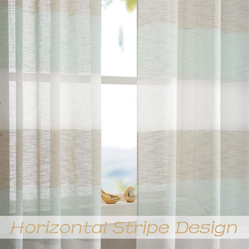 Central Park Tan and Spa Blue Stripe Sheer Color Block Window Curtain Panel Linen Window Treatment for Bedroom Living Room Farmhouse 63 inches Long with Grommets, 2 Panel Rustic Drapes - Image 2